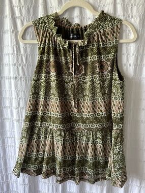 Harper Olive Green and Tan Printed Ruffle-Neck Sleeveless Top